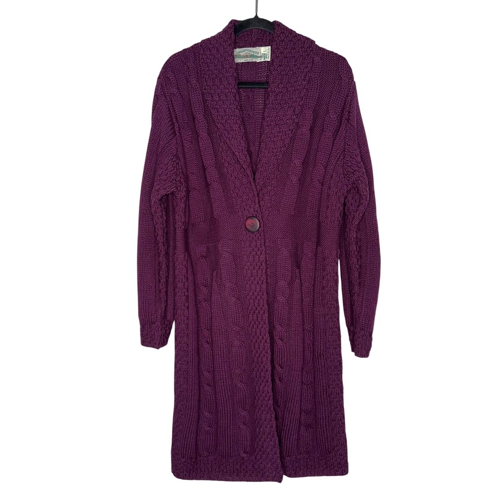 Aran Crafts Cardigan Women Large Purple Excellent Merino Wool Irish Longline